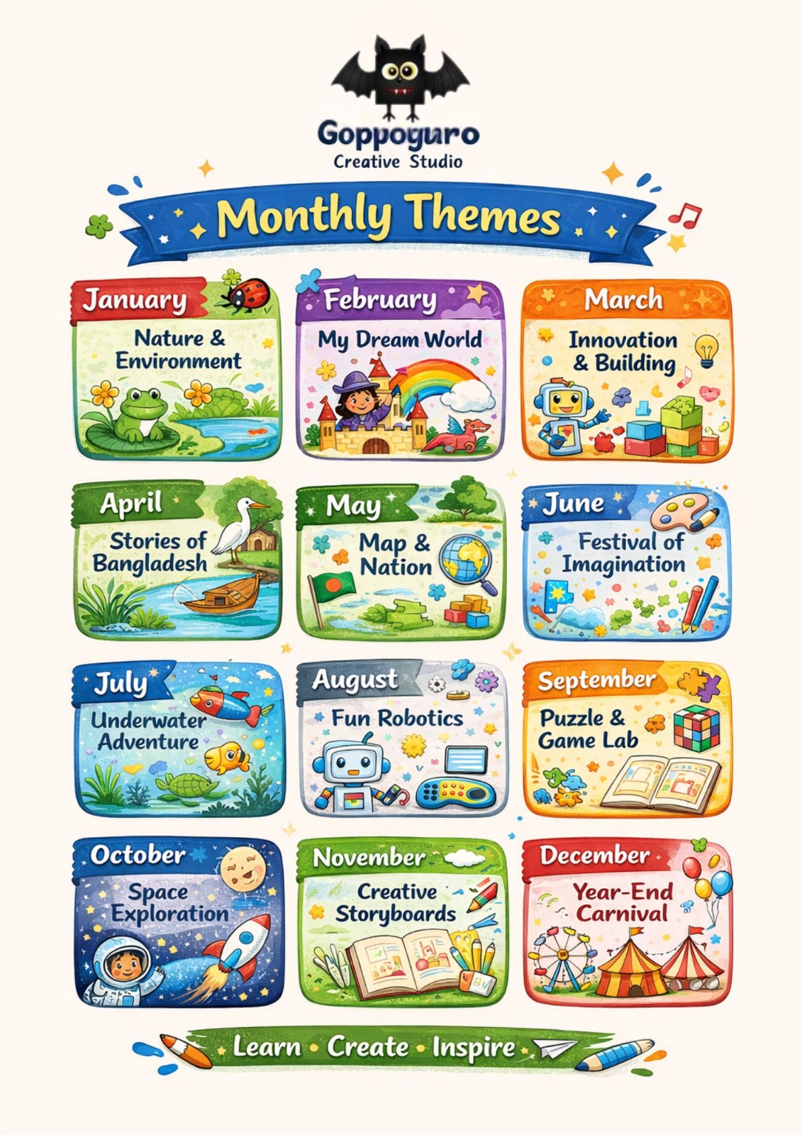 Goppoguro Creative Studio Monthly Themes — all 12 months illustrated
